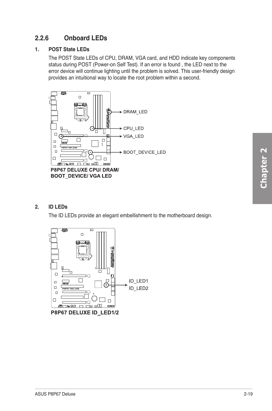 6 onboard leds, Onboard leds -19, Chapter 2 | Asus P8P67 DELUXE User Manual | Page 37 / 142