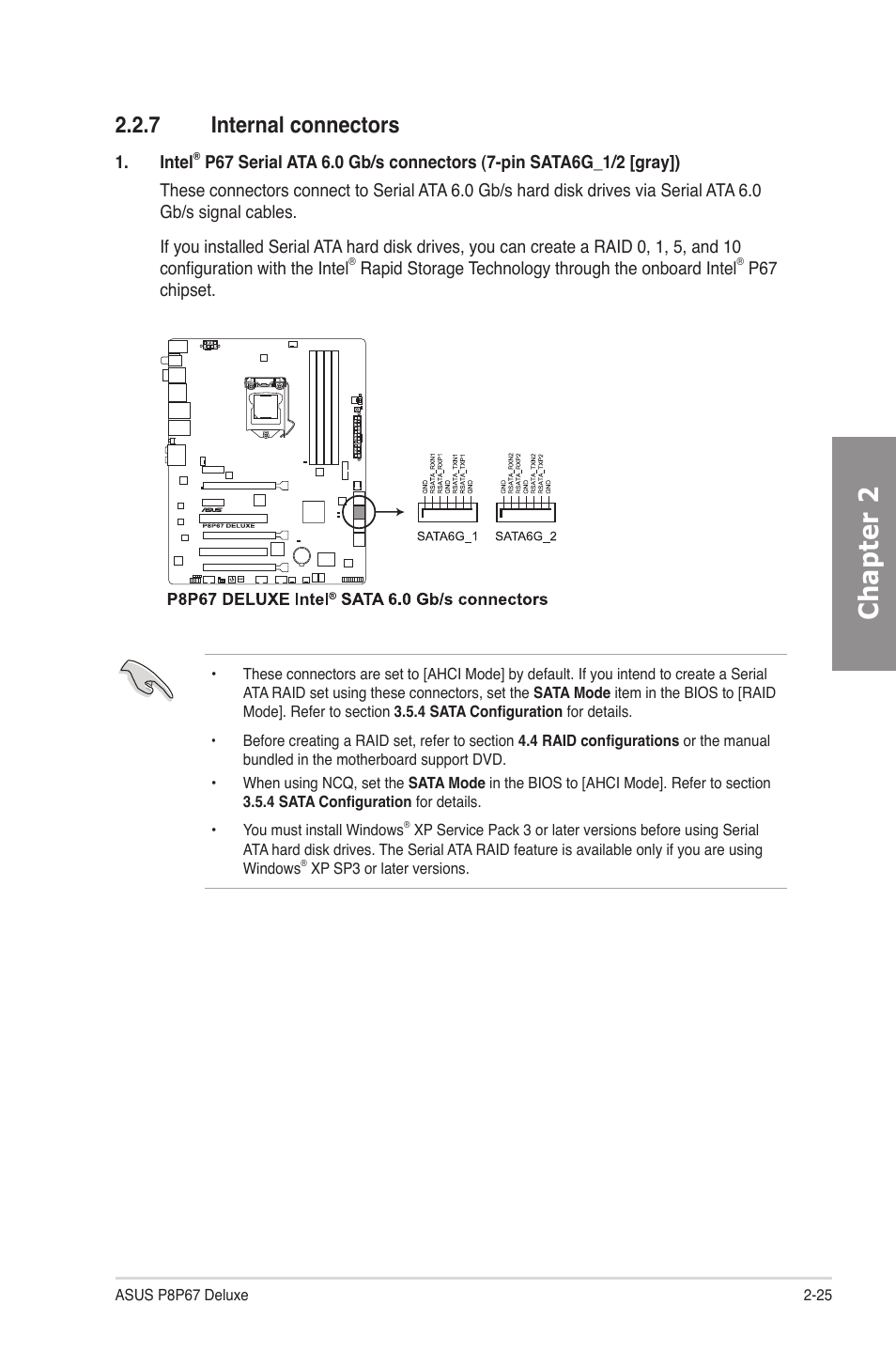 7 internal connectors, Internal connectors -25, Chapter 2 | Asus P8P67 DELUXE User Manual | Page 43 / 142