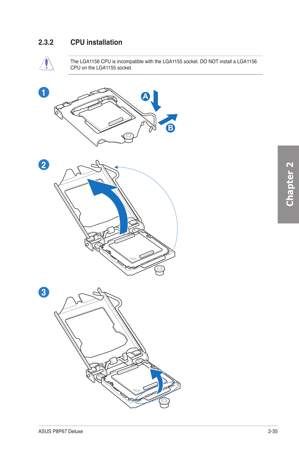 2 cpu installation, Cpu installation -35, Chapter 2 | Asus P8P67 DELUXE User Manual | Page 53 / 142