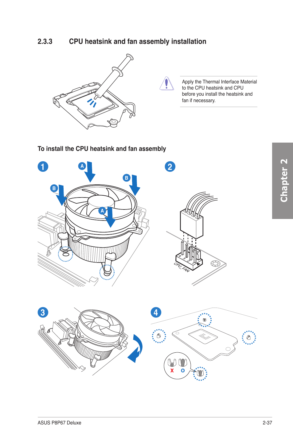 3 cpu heatsink and fan assembly installation, Cpu heatsink and fan assembly installation -37, Chapter 2 | Asus P8P67 DELUXE User Manual | Page 55 / 142