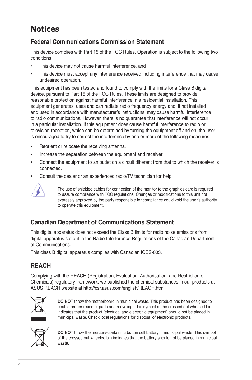 Notices, Federal communications commission statement, Canadian department of communications statement | Reach | Asus P8P67 DELUXE User Manual | Page 6 / 142