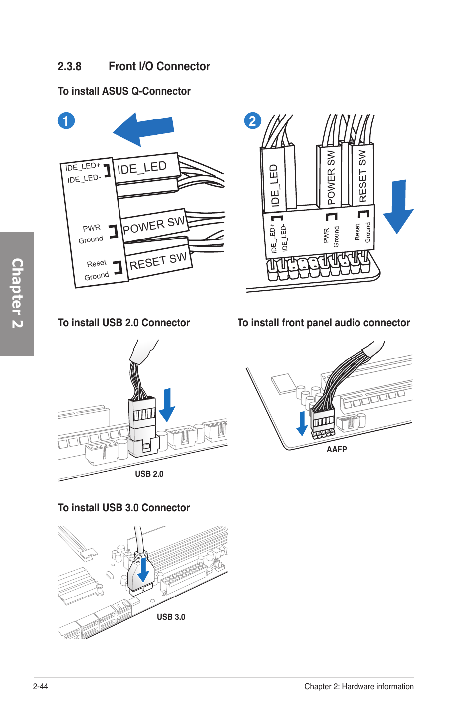 8 front i/o connector, Front i/o connector -44, Chapter 2 | 8 front i/o connector ide_led | Asus P8P67 DELUXE User Manual | Page 62 / 142