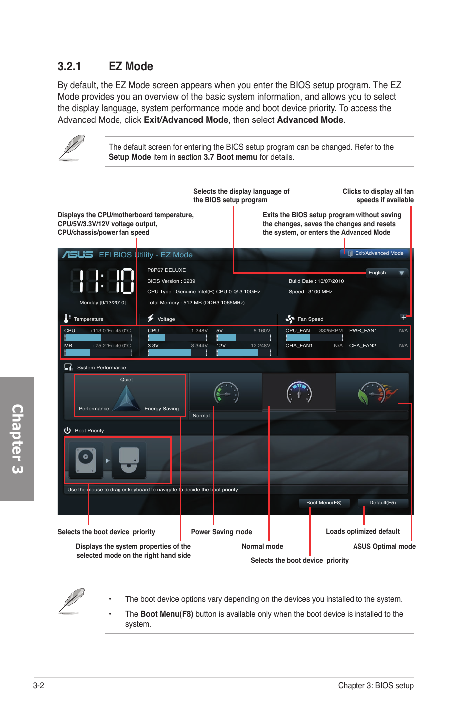 1 ez mode, Ez mode -2, Chapter 3 | 2 chapter 3: bios setup | Asus P8P67 DELUXE User Manual | Page 70 / 142