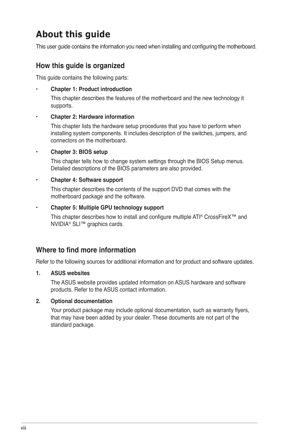 About this guide, How this guide is organized, Where to find more information | Asus P8P67 DELUXE User Manual | Page 8 / 142