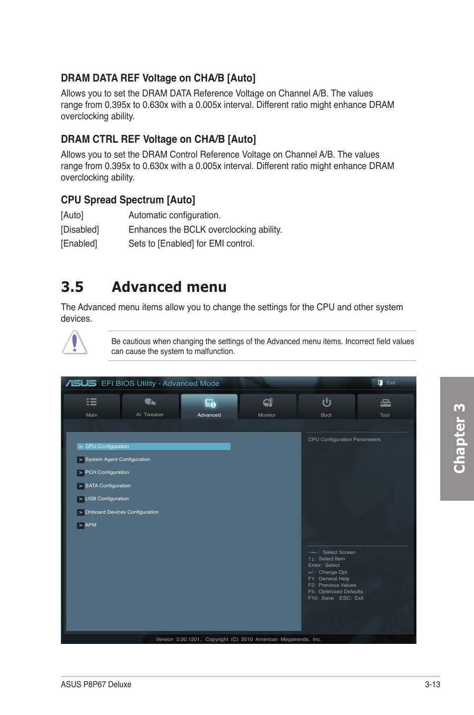 5 advanced menu, Advanced menu -13, Chapter 3 | Dram data ref voltage on cha/b [auto, Dram ctrl ref voltage on cha/b [auto, Cpu spread spectrum [auto | Asus P8P67 DELUXE User Manual | Page 81 / 142