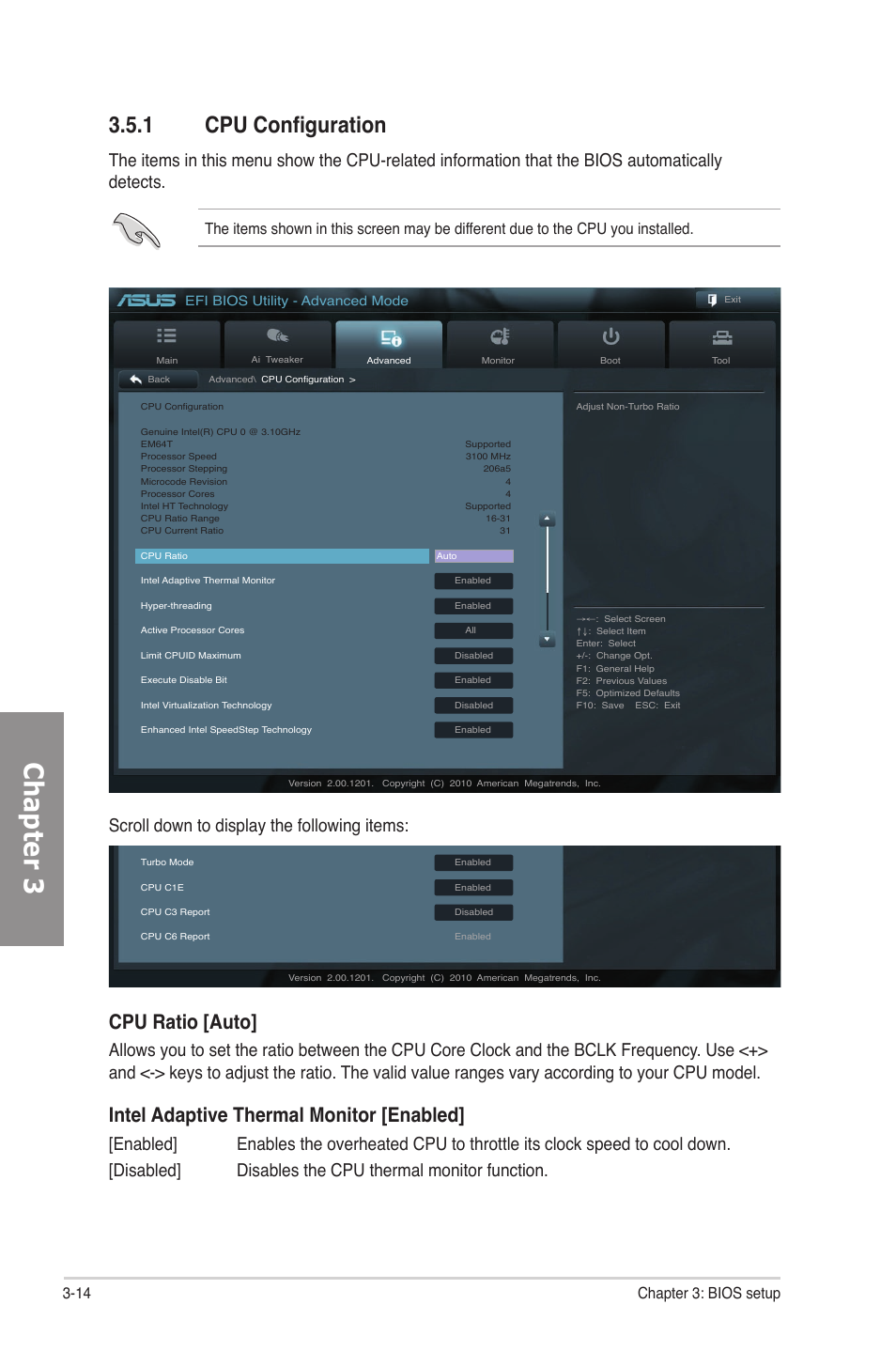 1 cpu configuration, Cpu configuration -14, Chapter 3 | Cpu ratio [auto, Intel adaptive thermal monitor [enabled, Scroll down to display the following items, 14 chapter 3: bios setup | Asus P8P67 DELUXE User Manual | Page 82 / 142