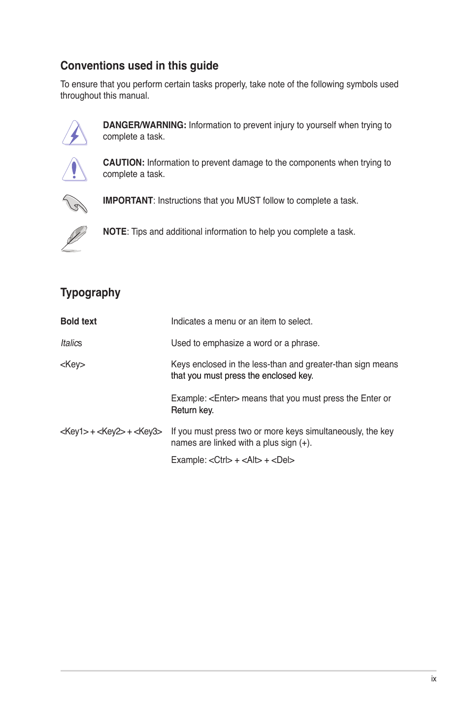 Conventions used in this guide, Typography | Asus P8P67 DELUXE User Manual | Page 9 / 142