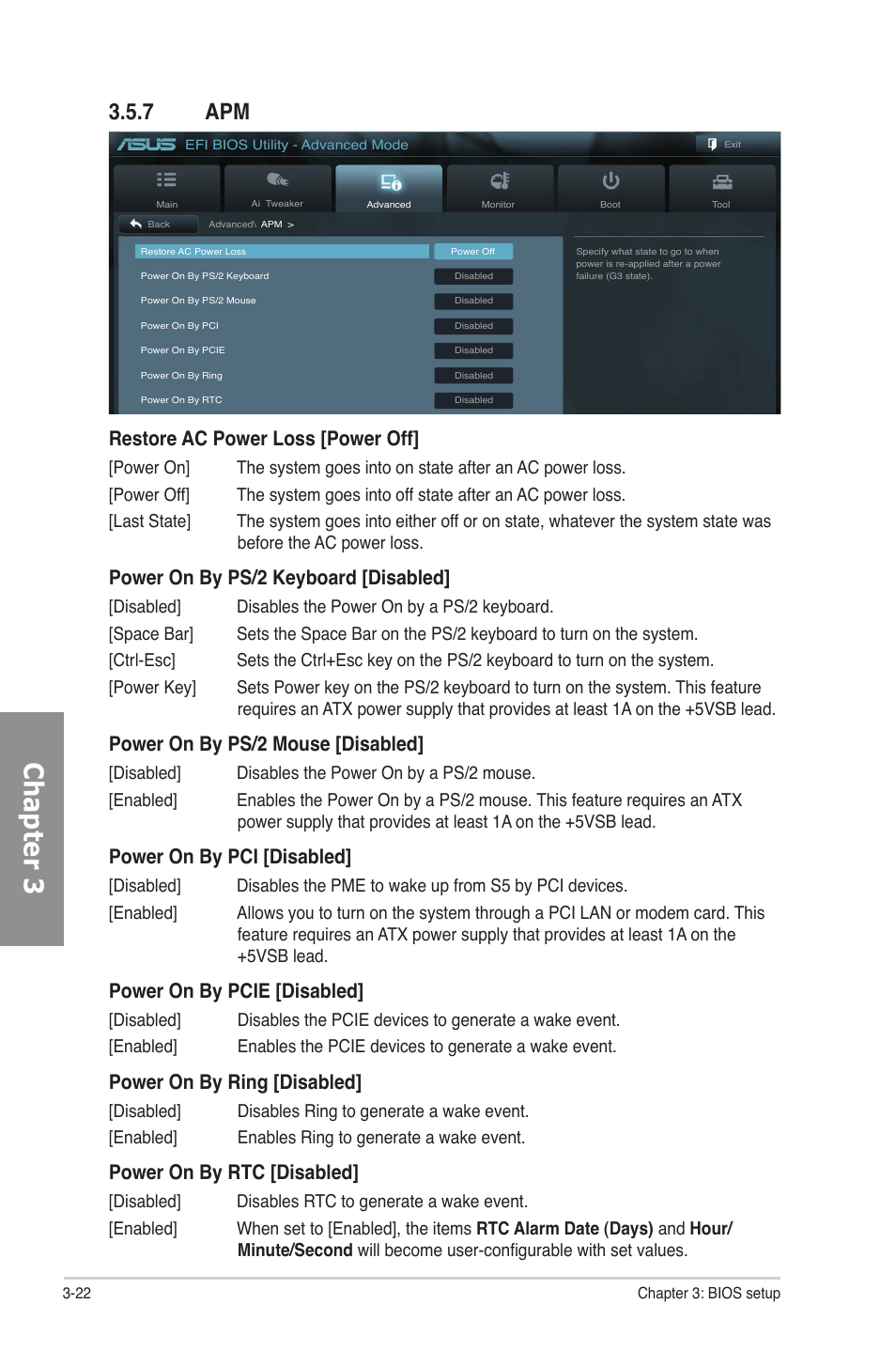 7 apm, Apm -22, Chapter 3 | Restore ac power loss [power off, Power on by ps/2 keyboard [disabled, Power on by ps/2 mouse [disabled, Power on by pci [disabled, Power on by pcie [disabled, Power on by ring [disabled, Power on by rtc [disabled | Asus P8P67 DELUXE User Manual | Page 90 / 142