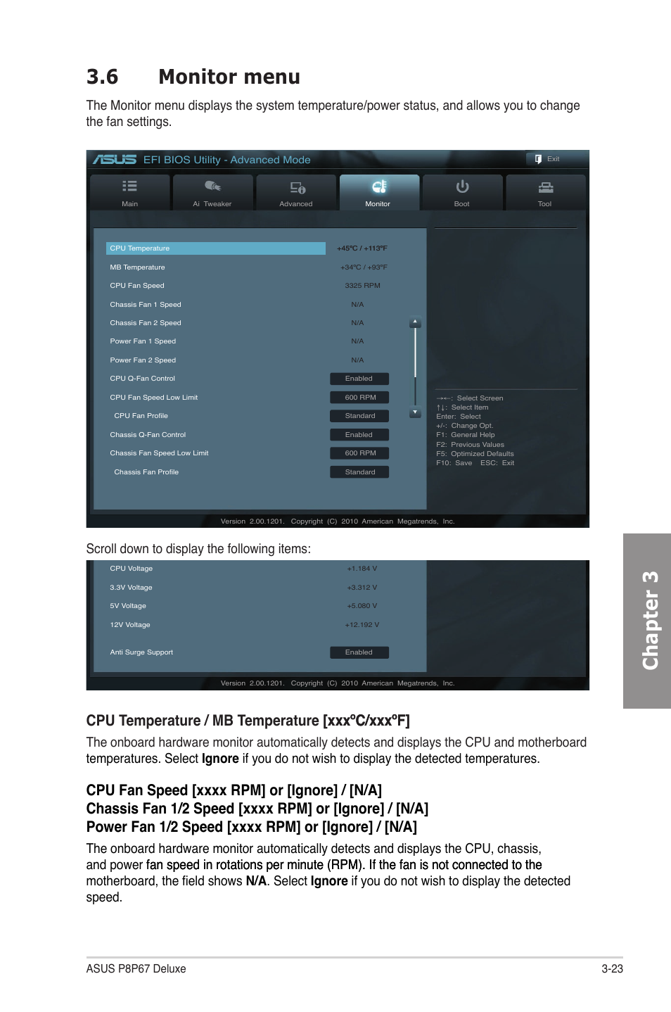 6 monitor menu, Monitor menu -23, Chapter 3 3.6 monitor menu | Asus P8P67 DELUXE User Manual | Page 91 / 142