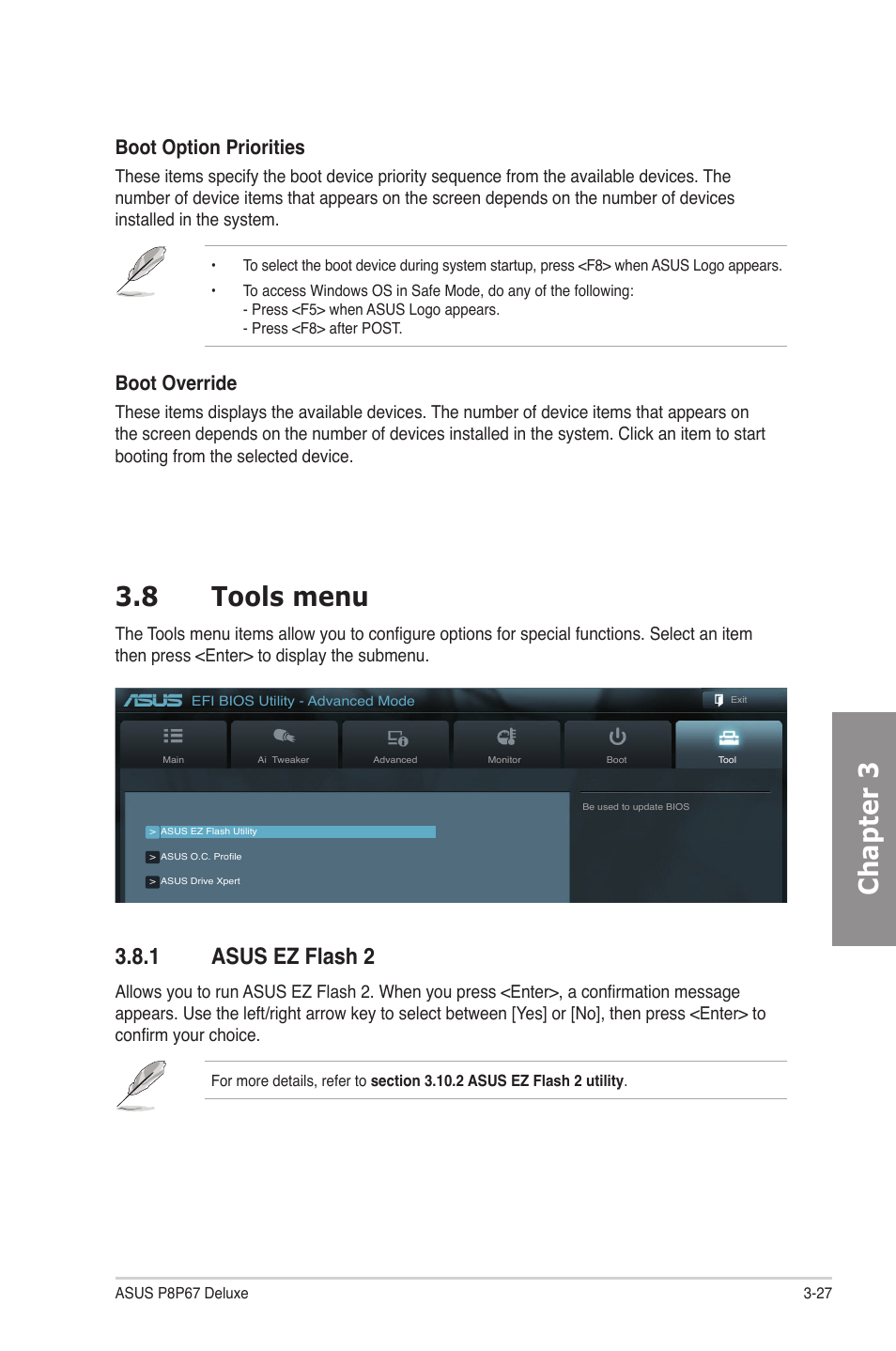 8 tools menu, 1 asus ez flash 2, Tools menu -27 3.8.1 | Asus ez flash 2 -27, Chapter 3 3.8 tools menu, Boot option priorities, Boot override | Asus P8P67 DELUXE User Manual | Page 95 / 142