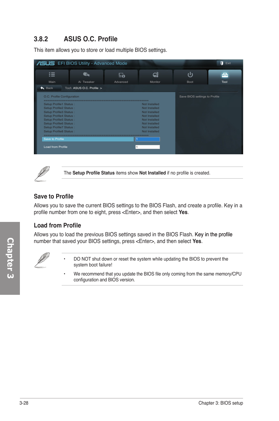 2 asus o.c. profile, Asus o.c. profile -28, Chapter 3 | Save to profile, Load from profile, 28 chapter 3: bios setup | Asus P8P67 DELUXE User Manual | Page 96 / 142