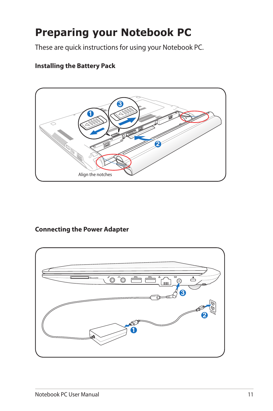 Preparing your notebook pc | Asus X40U User Manual | Page 11 / 102