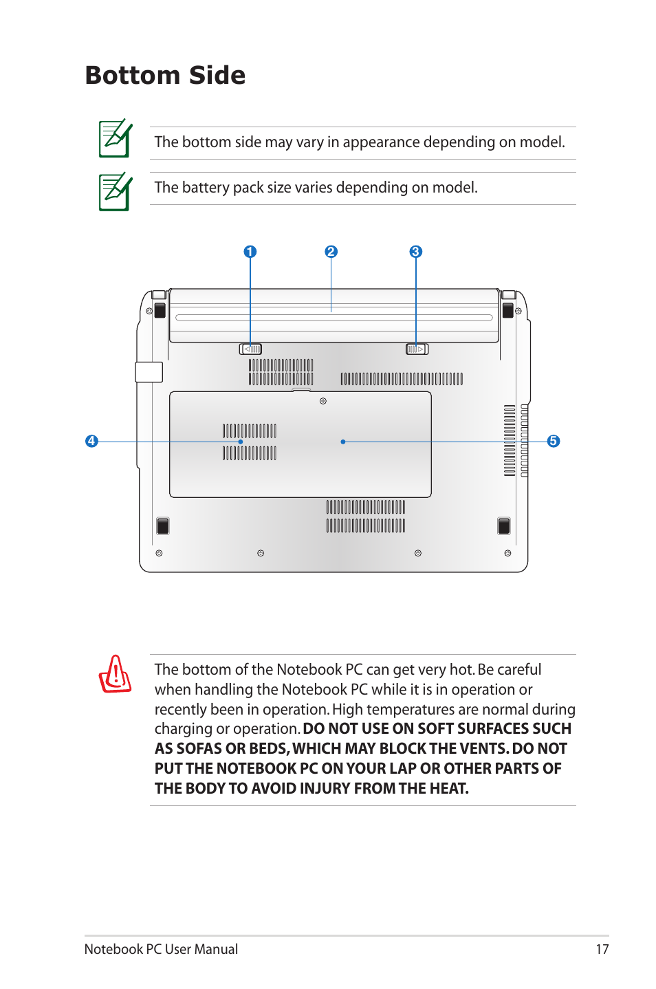 Bottom side | Asus X40U User Manual | Page 17 / 102