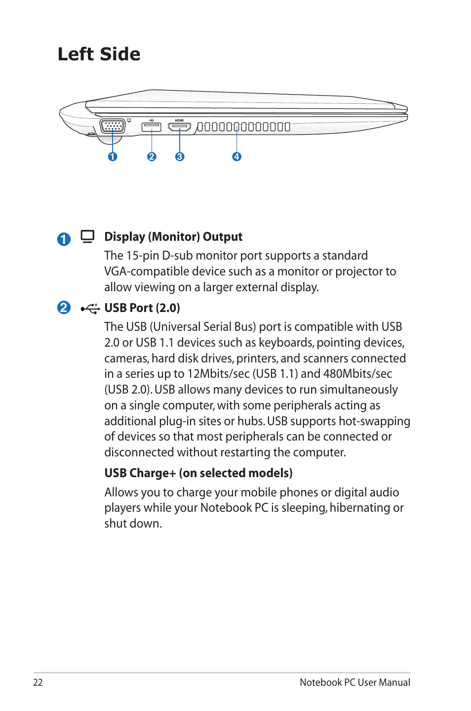 Left side | Asus X40U User Manual | Page 22 / 102