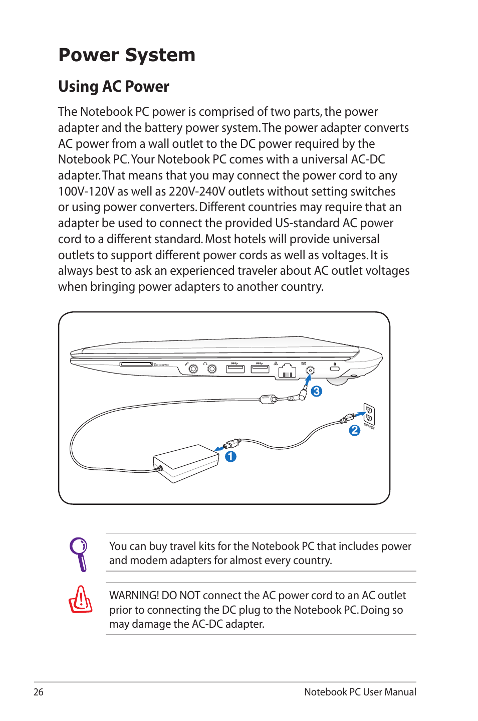 Power system, Using ac power | Asus X40U User Manual | Page 26 / 102
