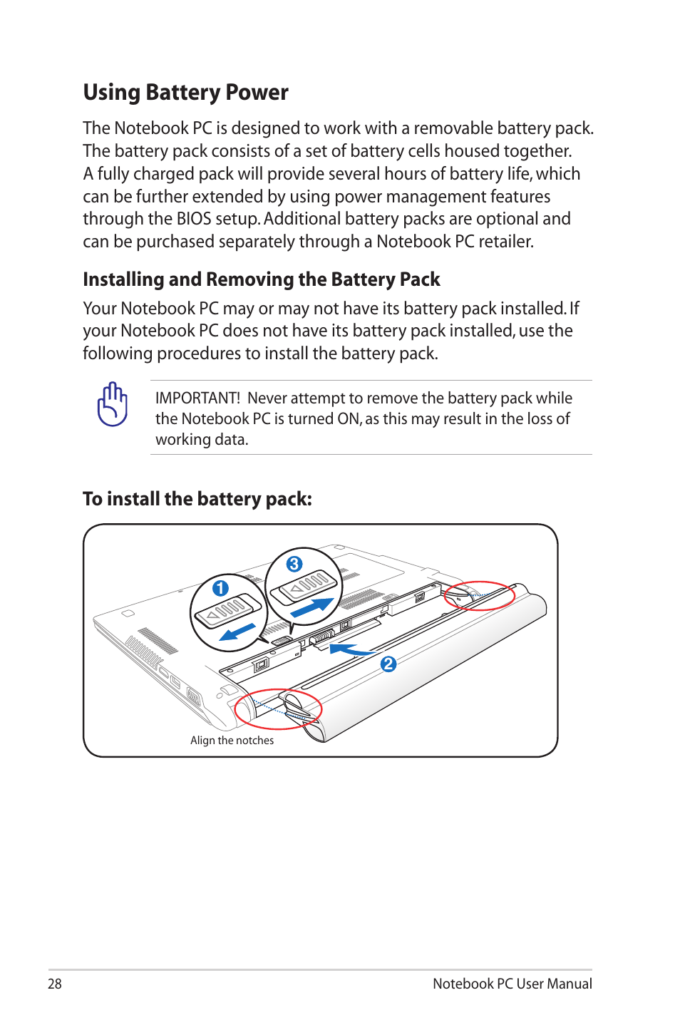 Using battery power, Installing and removing the battery pack | Asus X40U User Manual | Page 28 / 102