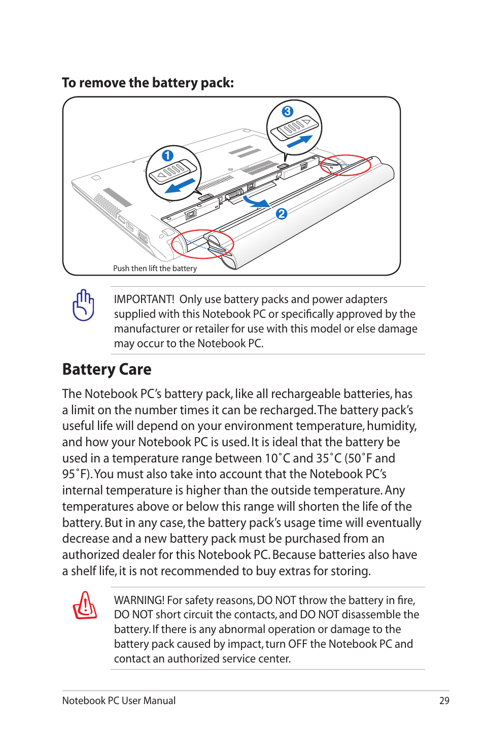 Battery care | Asus X40U User Manual | Page 29 / 102