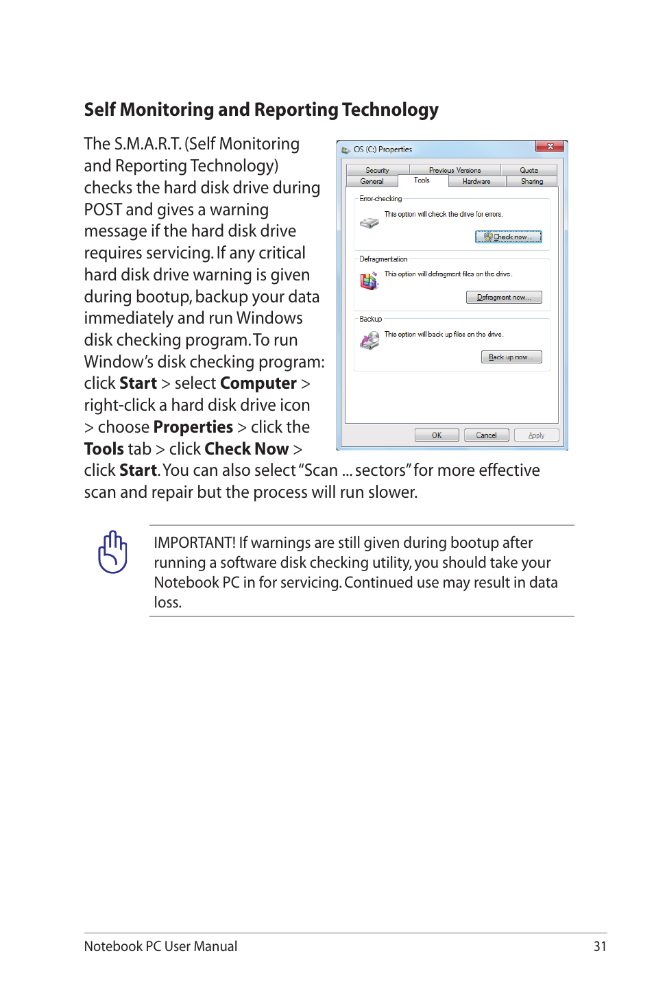 Self monitoring and reporting technology | Asus X40U User Manual | Page 31 / 102