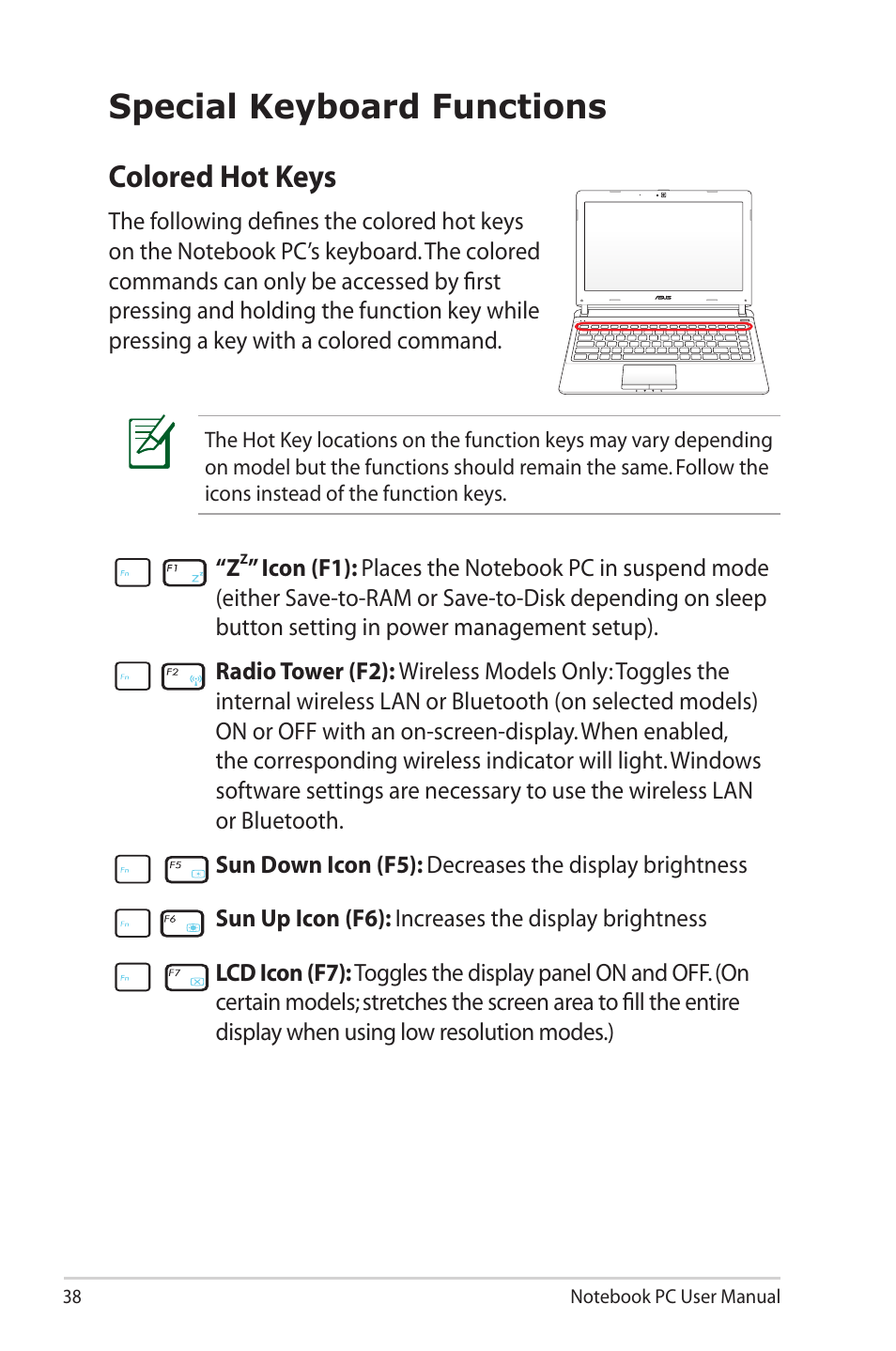Special keyboard functions, Colored hot keys | Asus X40U User Manual | Page 38 / 102