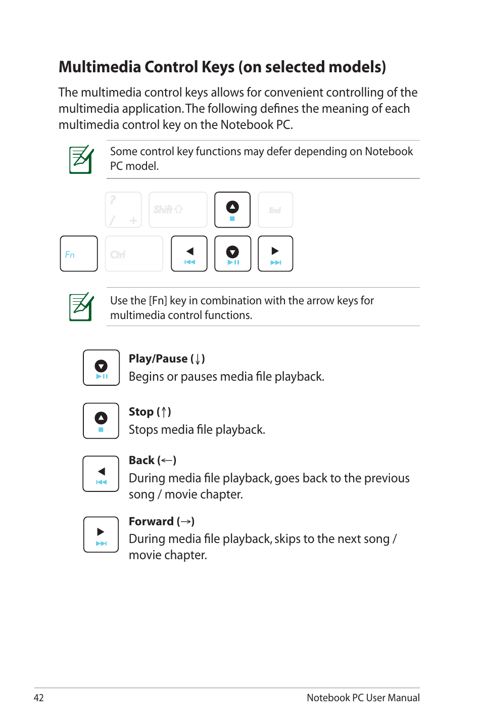 Multimedia control keys (on selected models) | Asus X40U User Manual | Page 42 / 102