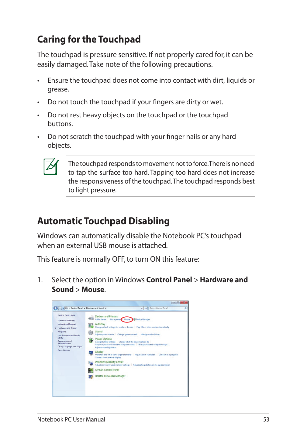 Caring for the touchpad, Automatic touchpad disabling | Asus X40U User Manual | Page 53 / 102