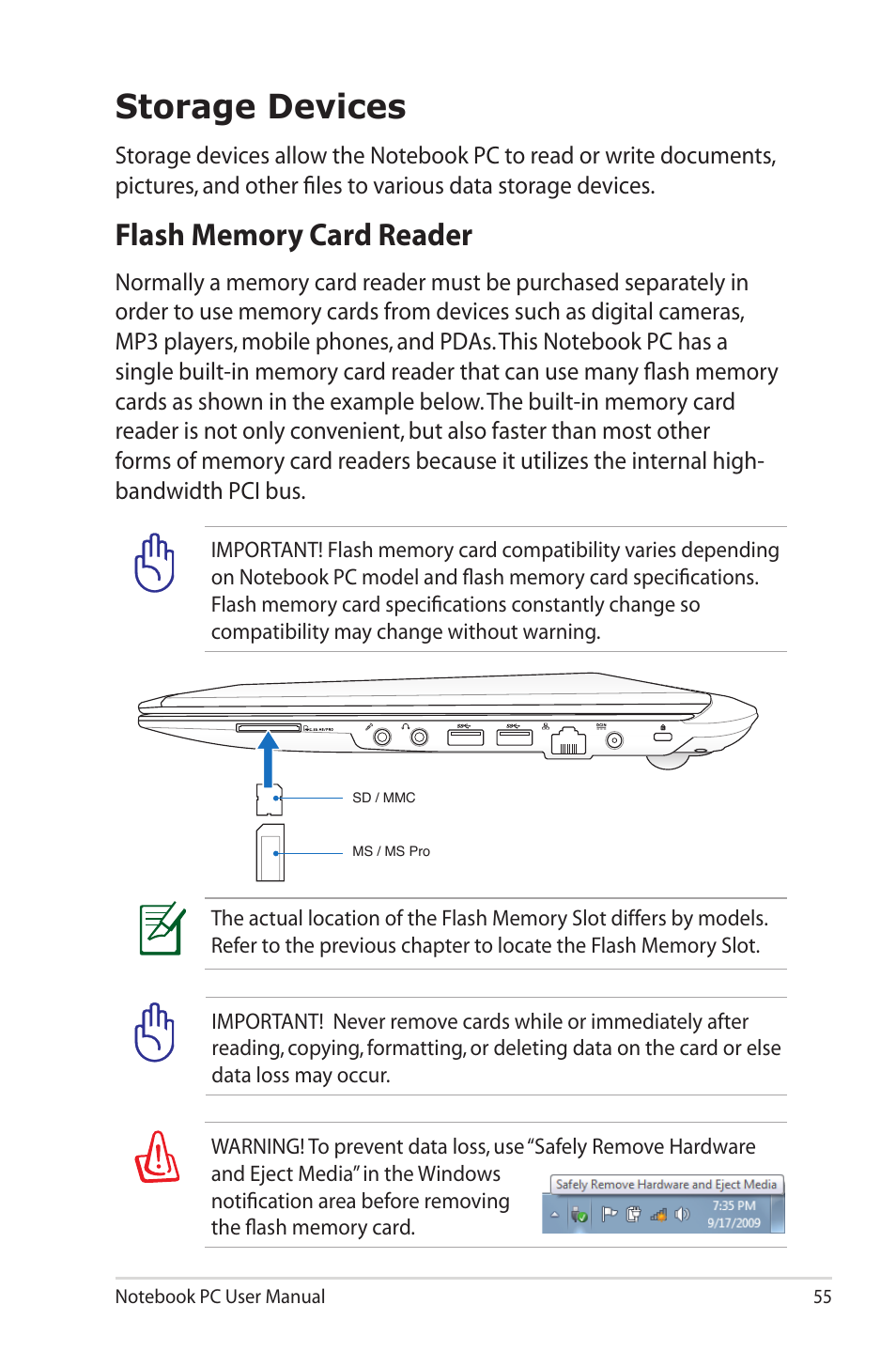 Storage devices, Flash memory card reader | Asus X40U User Manual | Page 55 / 102