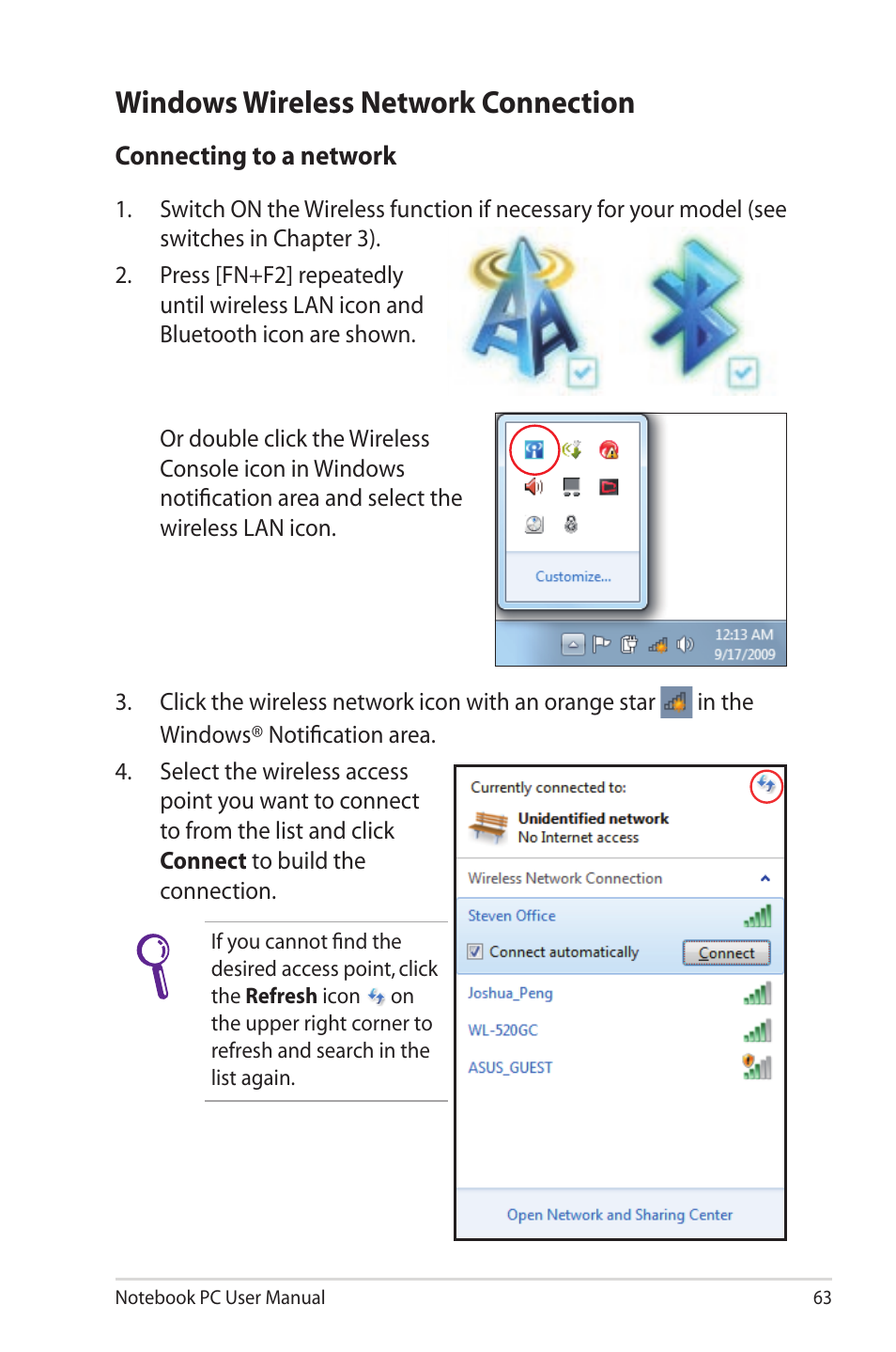 Windows wireless network connection | Asus X40U User Manual | Page 63 / 102