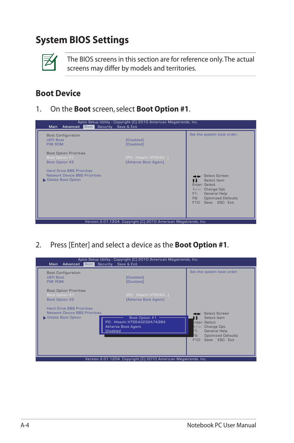 System bios settings, Boot device, On the boot screen, select boot option #1 | Asus X40U User Manual | Page 72 / 102