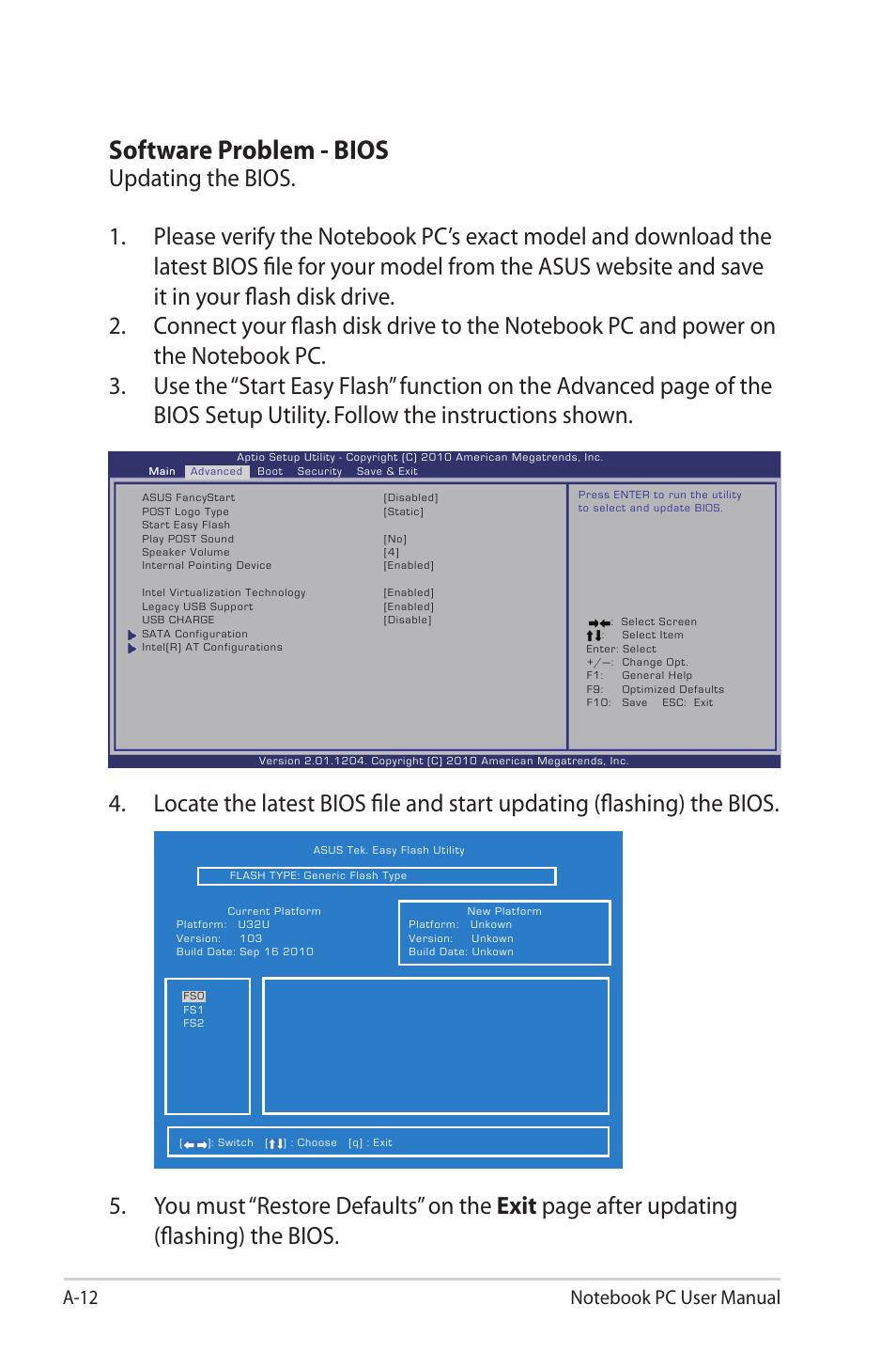 Software problem - bios | Asus X40U User Manual | Page 80 / 102