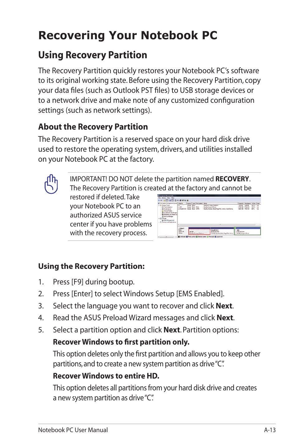 Recovering your notebook pc, Using recovery partition | Asus X40U User Manual | Page 81 / 102