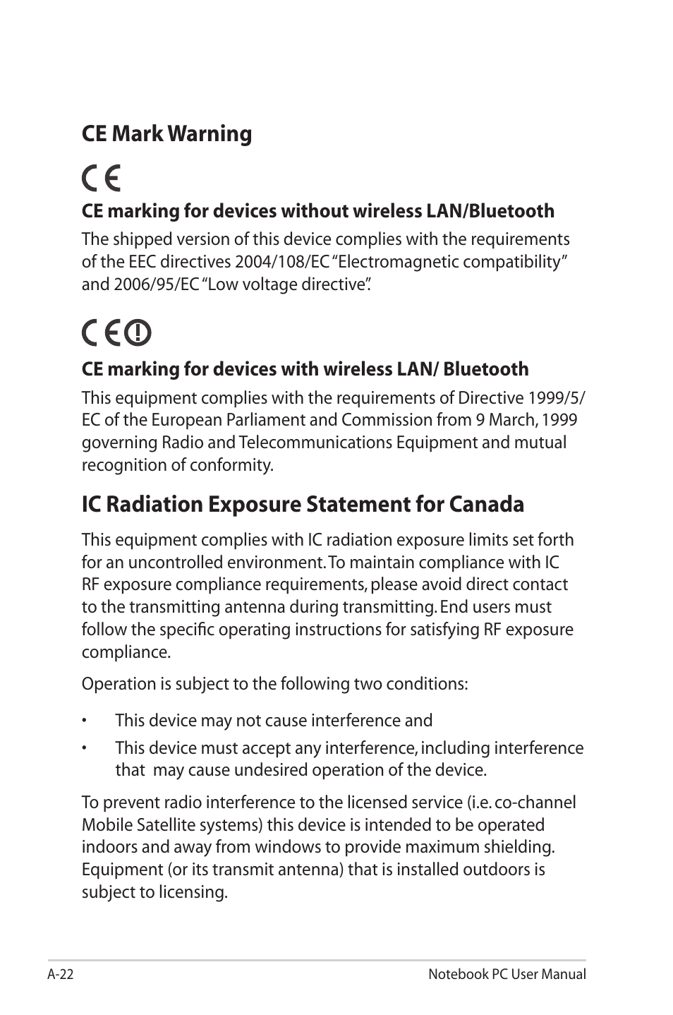 Ce mark warning, Ic radiation exposure statement for canada | Asus X40U User Manual | Page 90 / 102