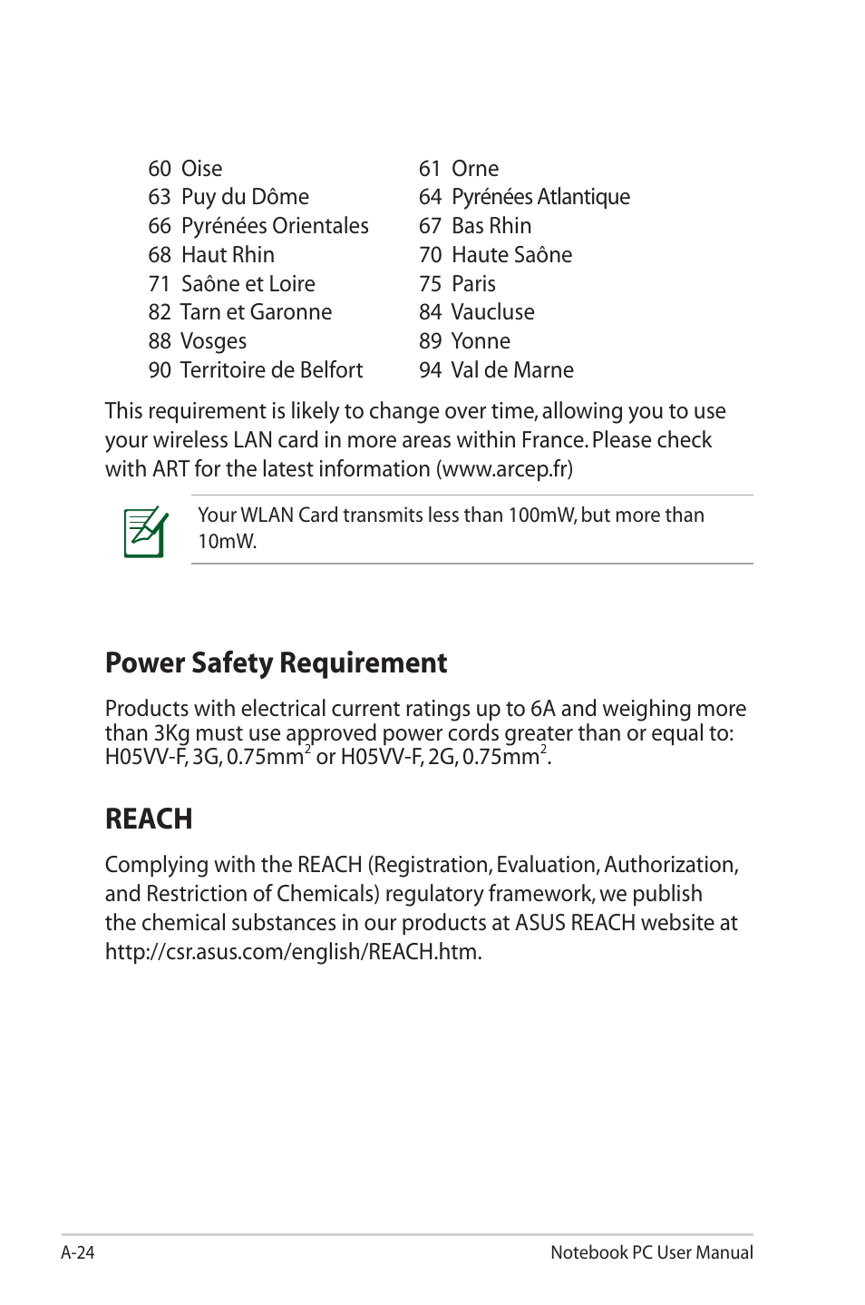 Power safety requirement, Reach | Asus X40U User Manual | Page 92 / 102
