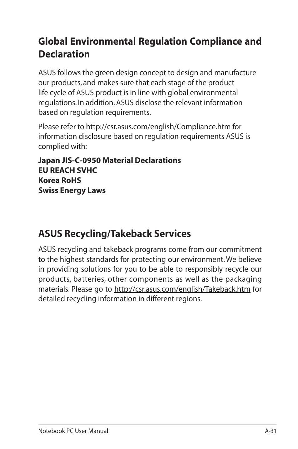 Asus recycling/takeback services, Global environmental regulation compliance and | Asus X40U User Manual | Page 99 / 102