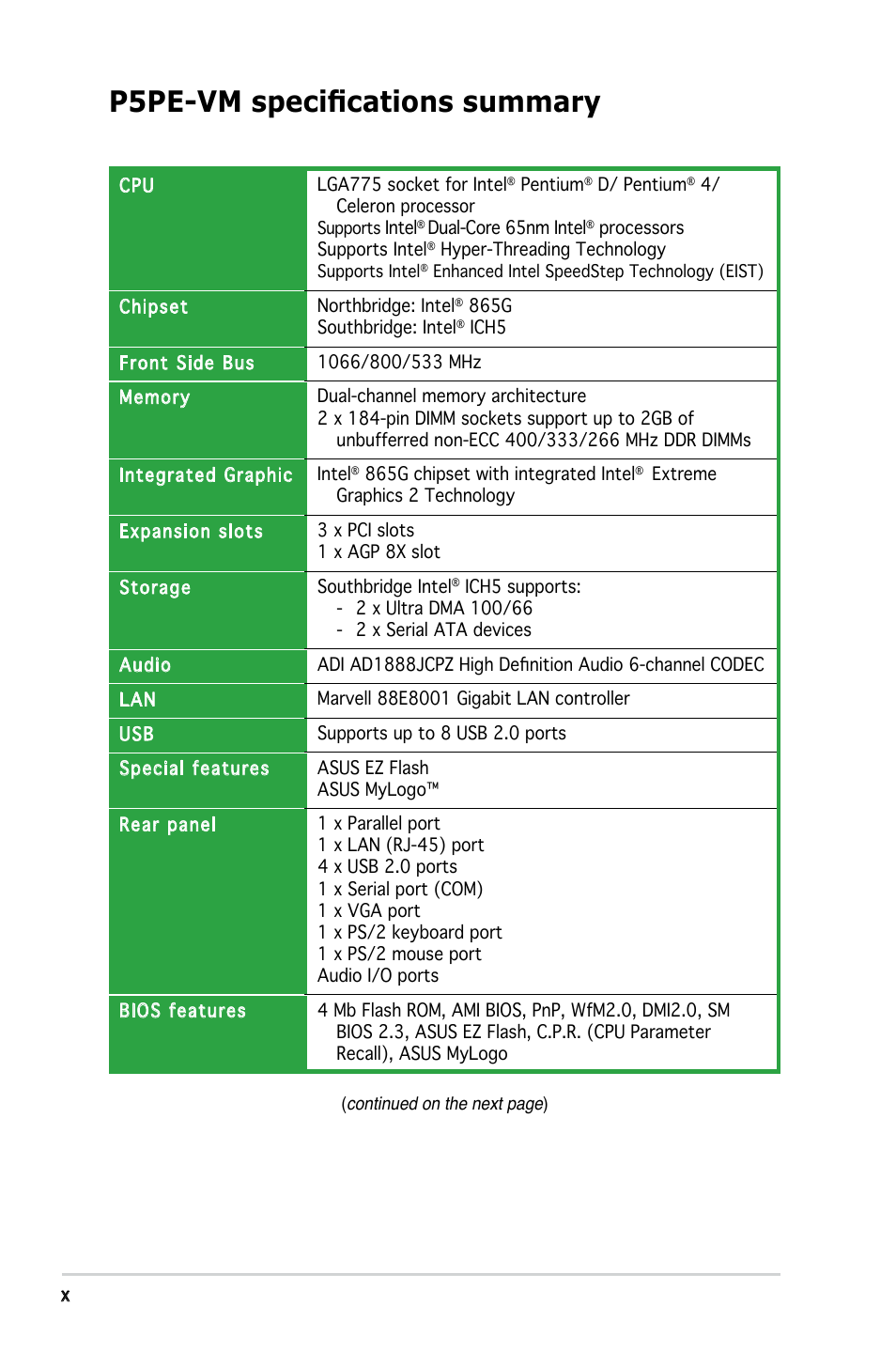 P5pe-vm specifications summary | Asus P5PE-VM User Manual | Page 10 / 80