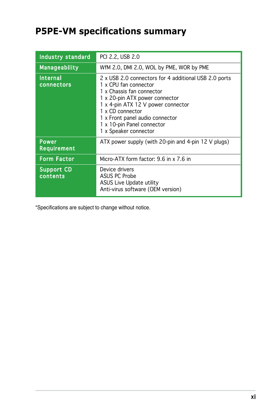 P5pe-vm specifications summary | Asus P5PE-VM User Manual | Page 11 / 80