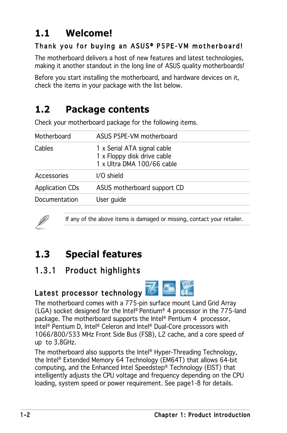 3 special features, 1 welcome, 2 package contents | 1 product highlights | Asus P5PE-VM User Manual | Page 14 / 80