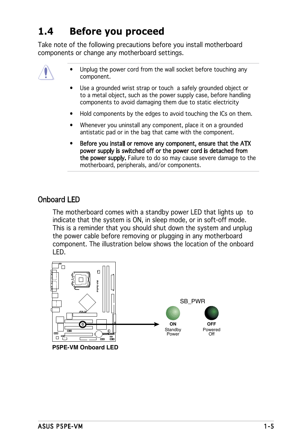 4 before you proceed, Onboard led | Asus P5PE-VM User Manual | Page 17 / 80