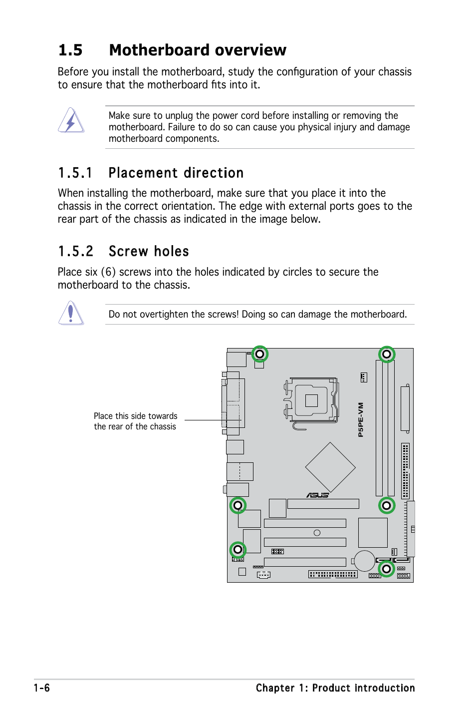 5 motherboard overview, 1 placement direction, 2 screw holes | Asus P5PE-VM User Manual | Page 18 / 80