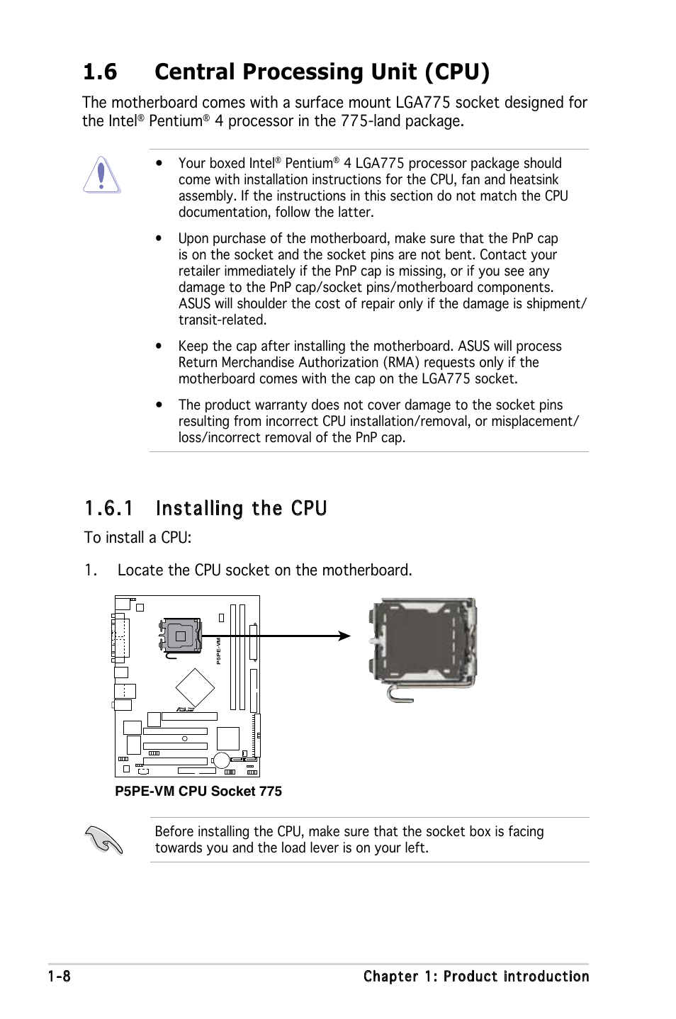 6 central processing unit (cpu), 1 installing the cpu | Asus P5PE-VM User Manual | Page 20 / 80