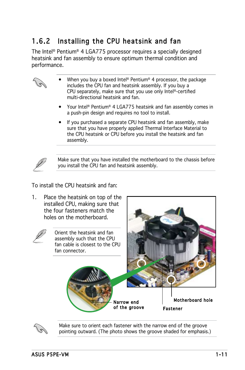 2 installing the cpu heatsink and fan | Asus P5PE-VM User Manual | Page 23 / 80