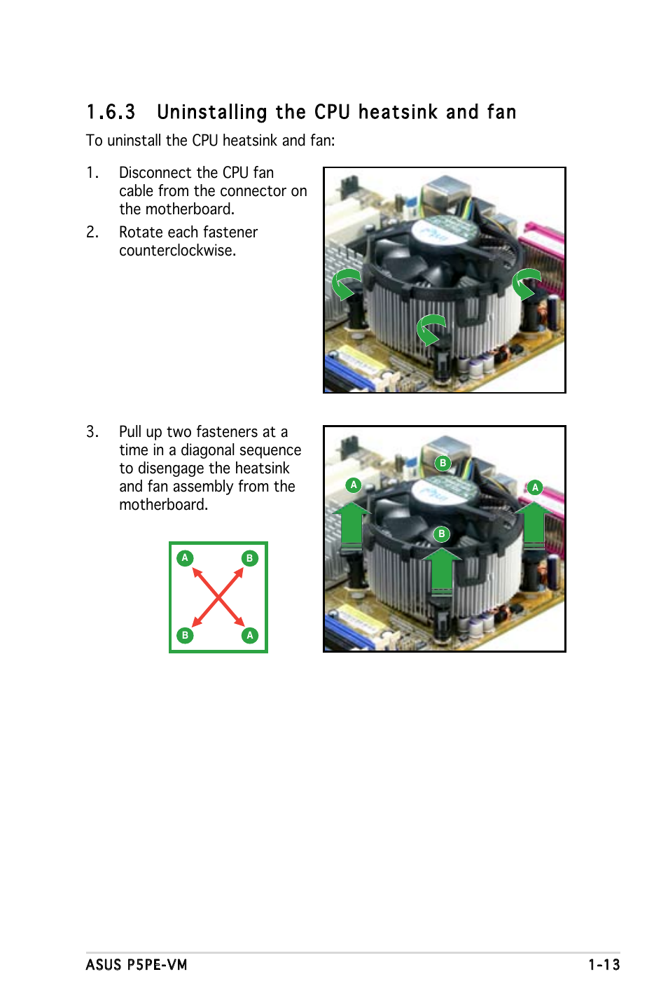 3 uninstalling the cpu heatsink and fan | Asus P5PE-VM User Manual | Page 25 / 80