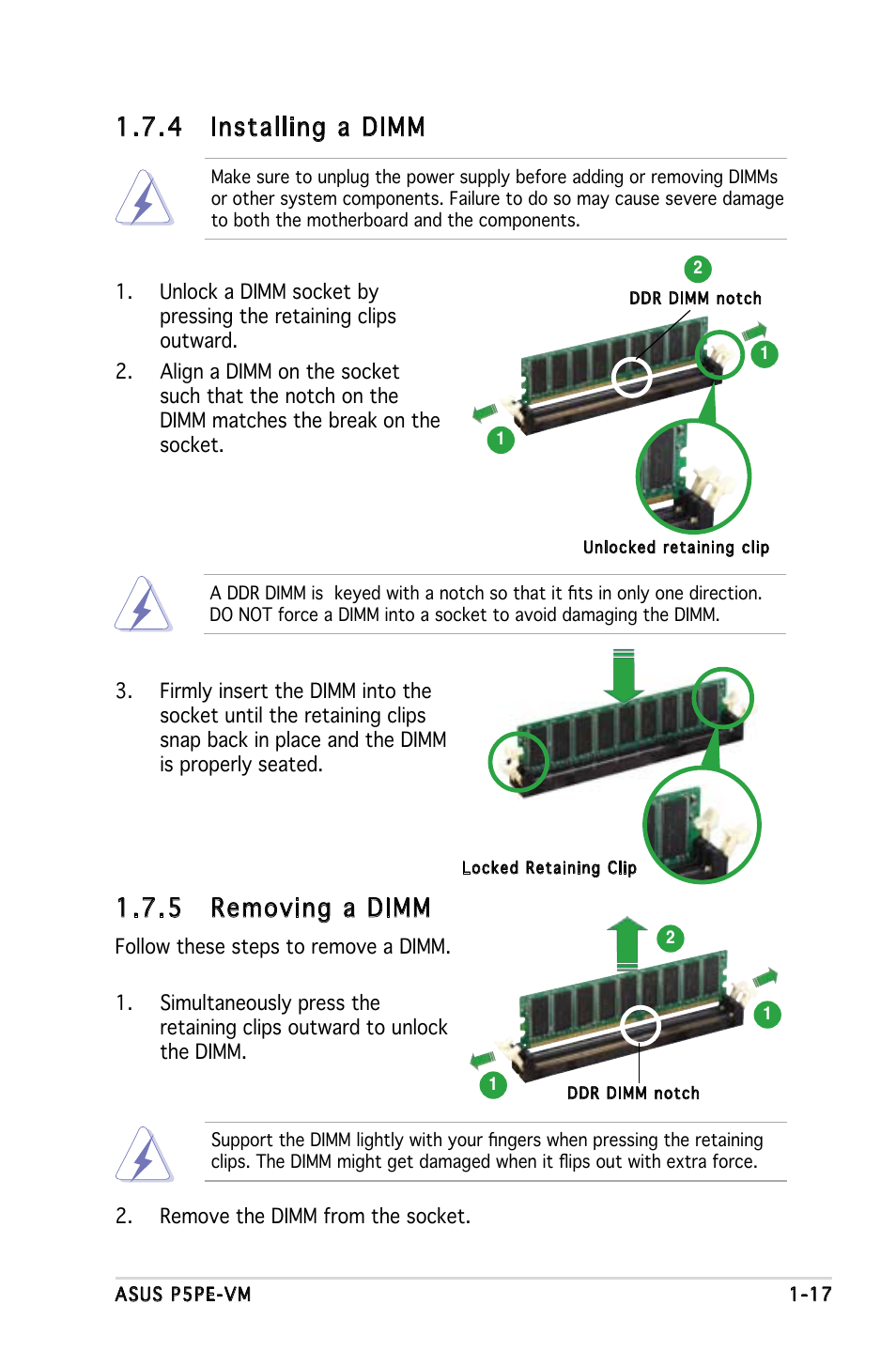 5 removing a dimm, 4 installing a dimm | Asus P5PE-VM User Manual | Page 29 / 80