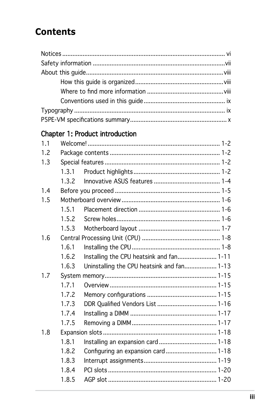 Asus P5PE-VM User Manual | Page 3 / 80