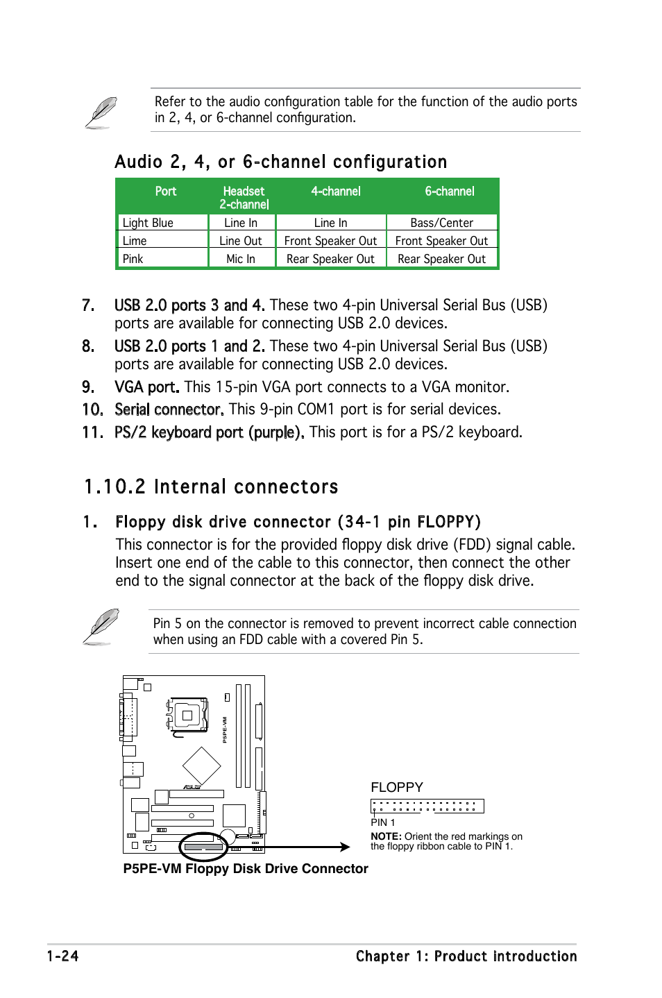 2 internal connectors, Audio 2, 4, or 6-channel configuration | Asus P5PE-VM User Manual | Page 36 / 80