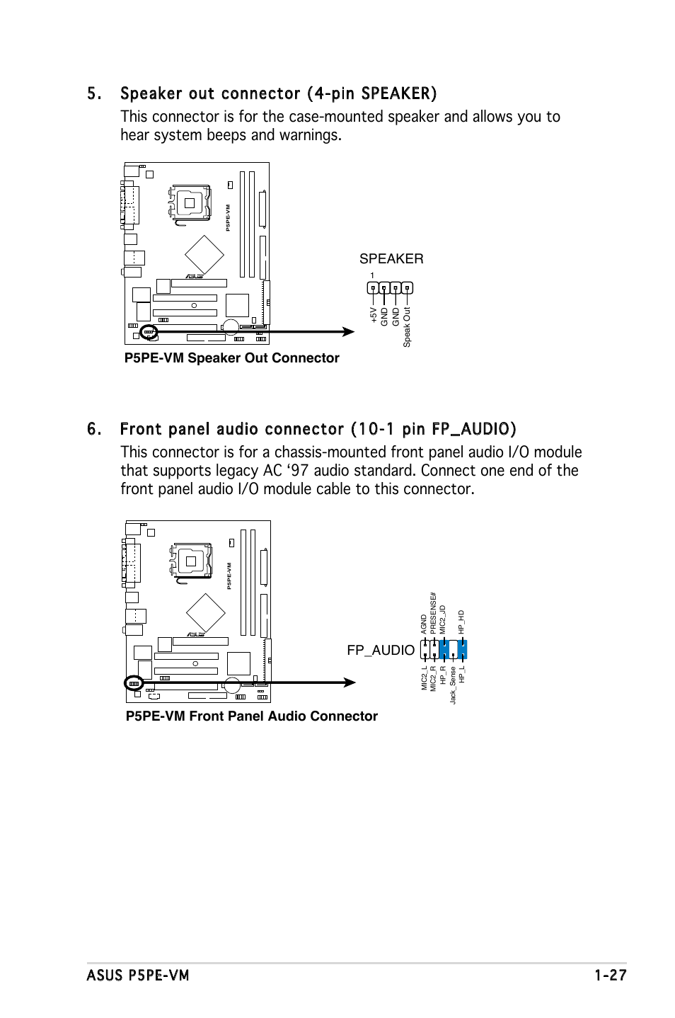 Asus p5pe-vm 1-27, P5pe-vm front panel audio connector, Fp_audio | P5pe-vm speaker out connector speaker | Asus P5PE-VM User Manual | Page 39 / 80