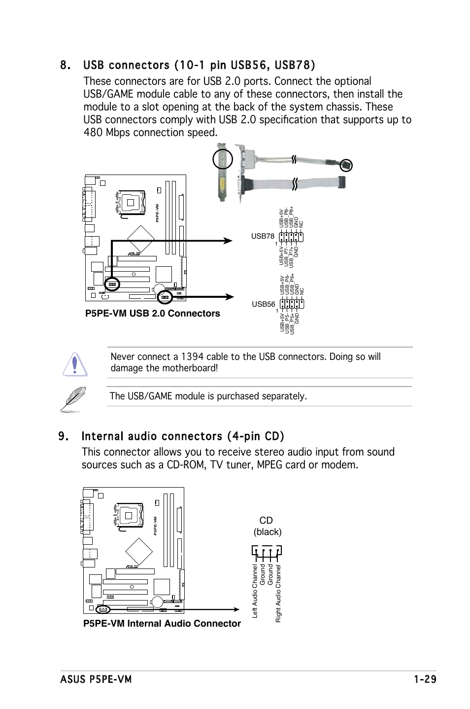 Asus p5pe-vm 1-29, P5pe-vm internal audio connector cd (black), P5pe-vm usb 2.0 connectors | Asus P5PE-VM User Manual | Page 41 / 80