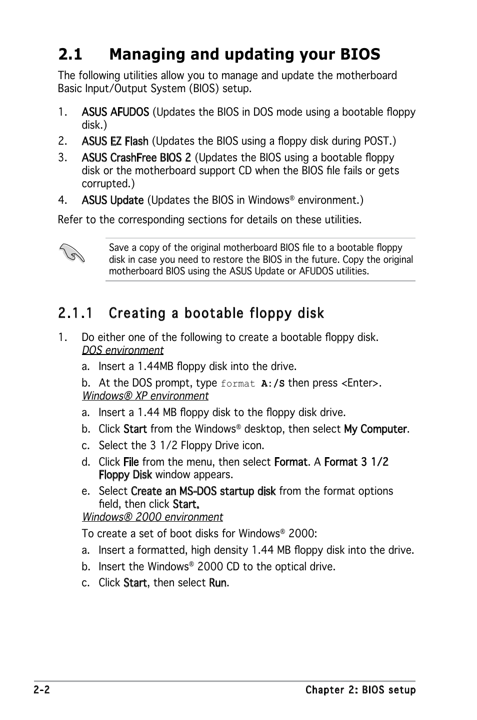 1 managing and updating your bios, 1 creating a bootable floppy disk | Asus P5PE-VM User Manual | Page 44 / 80