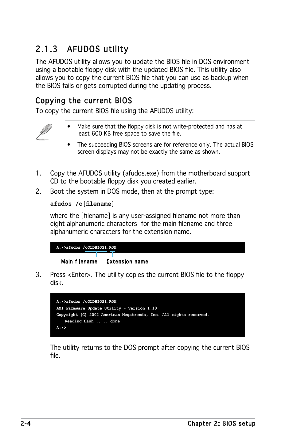 3 afudos utility, Copying the current bios | Asus P5PE-VM User Manual | Page 46 / 80