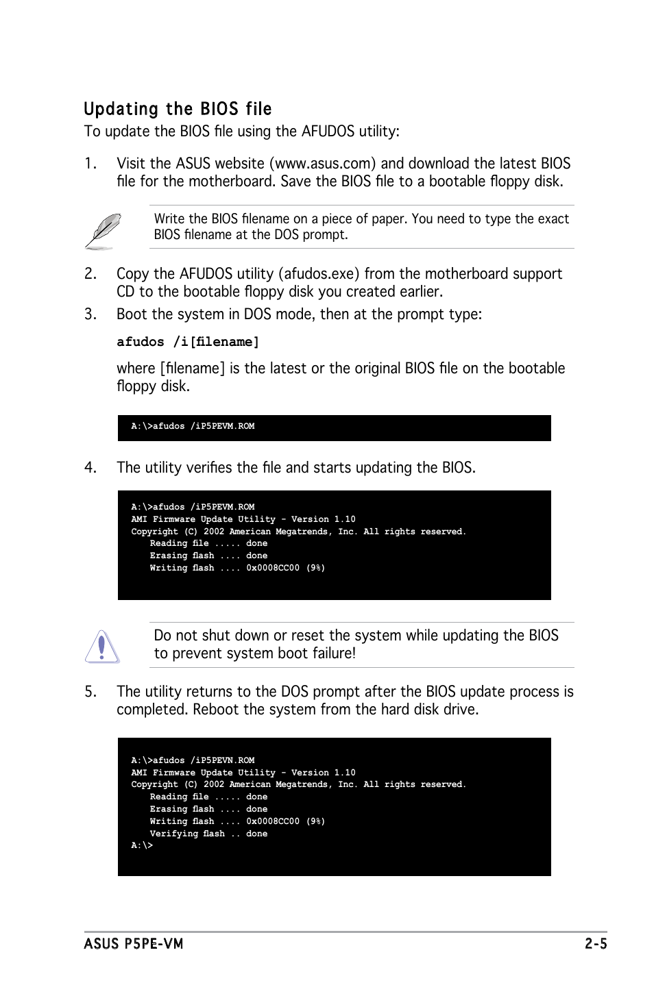 Updating the bios file | Asus P5PE-VM User Manual | Page 47 / 80