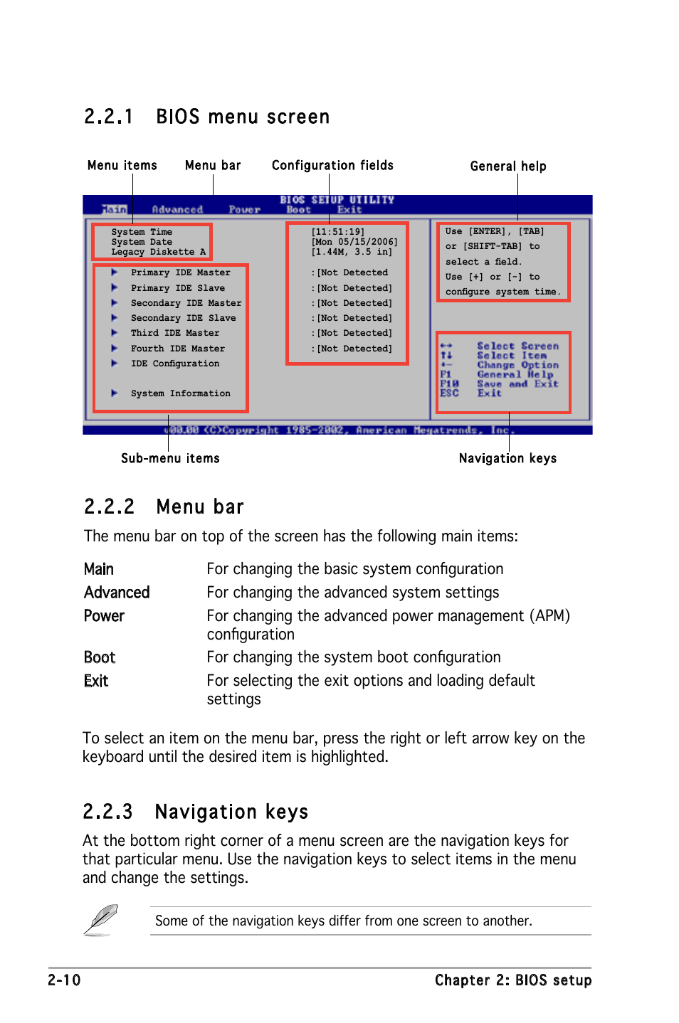 2 menu bar, 1 bios menu screen, 3 navigation keys | Asus P5PE-VM User Manual | Page 52 / 80